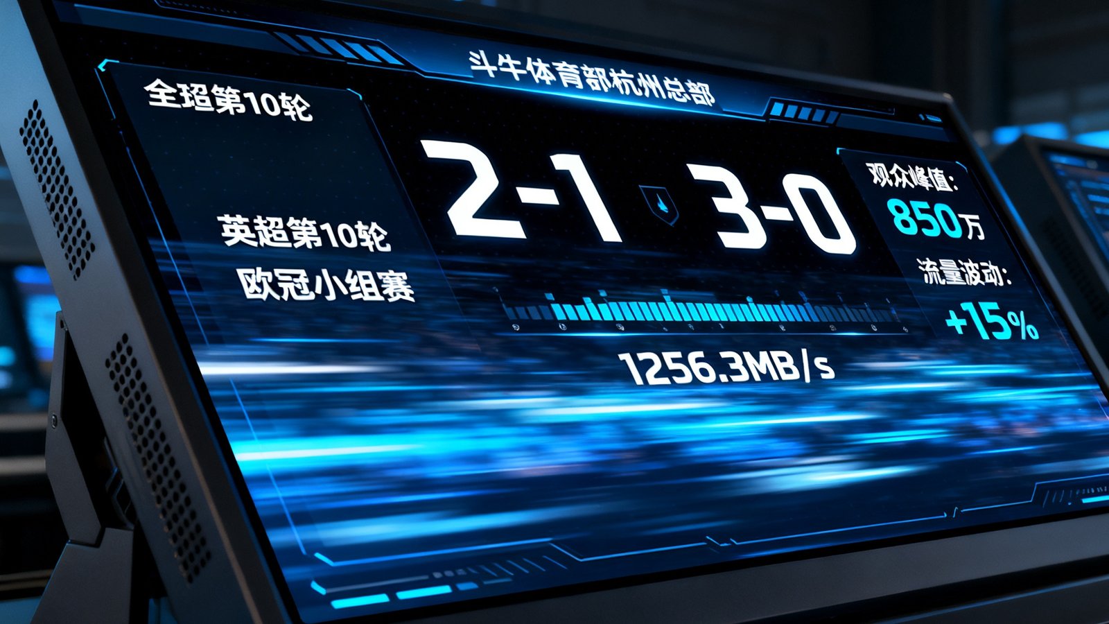 斗牛体育杭州总部数据监控大屏，实时展示全球赛事的比分与数据流